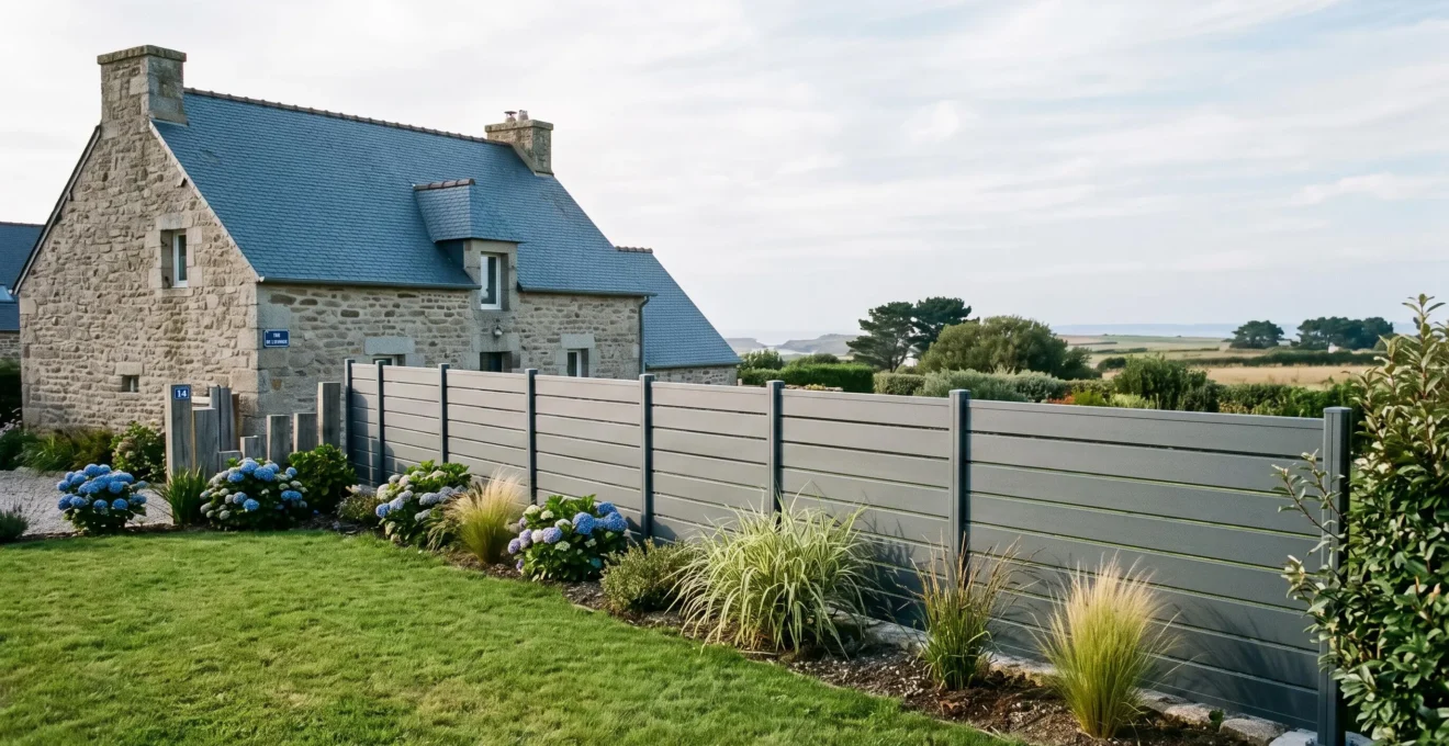 Clôture aluminium gris anthracite à lames horizontales installée en limite d'un jardin résidentiel breton avec pelouse, plantations côtières et maison en pierre traditionnelle en arrière-plan sous lumière maritime naturelle