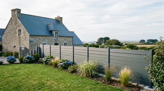 Clôture aluminium gris anthracite à lames horizontales installée en limite d'un jardin résidentiel breton avec pelouse, plantations côtières et maison en pierre traditionnelle en arrière-plan sous lumière maritime naturelle