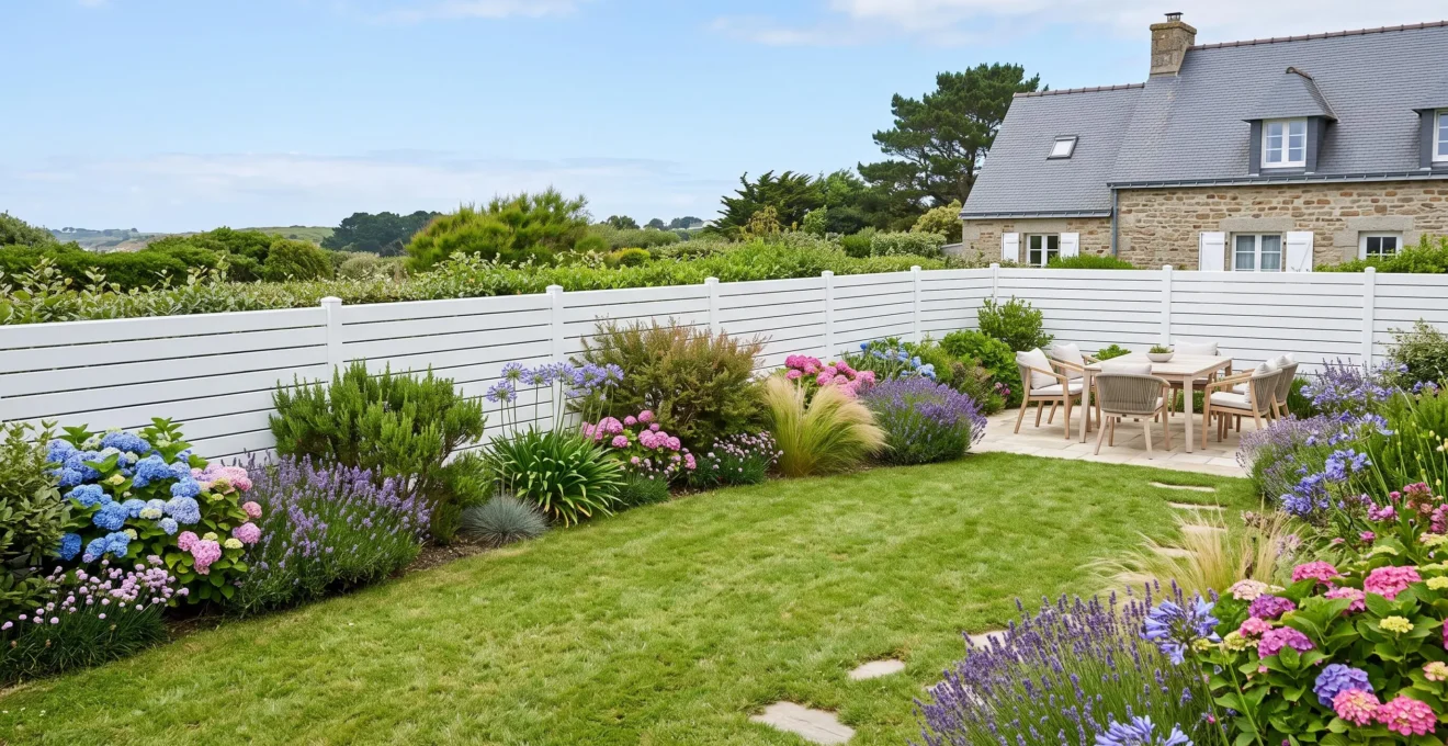 Jardin résidentiel breton avec pelouse entretenue, massifs d'hortensias bleus et graminées en bordure d'une clôture aluminium blanche, terrasse bois en arrière-plan sous lumière maritime naturelle
