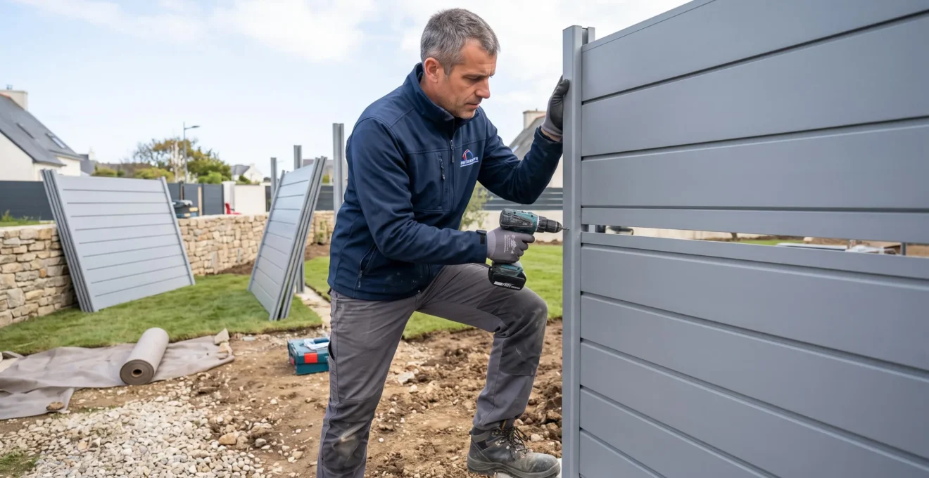 Technicien professionnel en vêtements de travail installant un panneau de clôture aluminium gris sur chantier résidentiel, manipulant niveau à bulle et visseuse, regard concentré sur la zone de fixation
