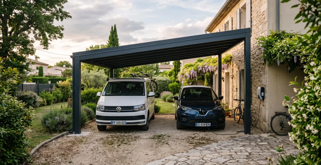 Un carport en aluminium abrite un camping-car et une voiture électrique dans un jardin.