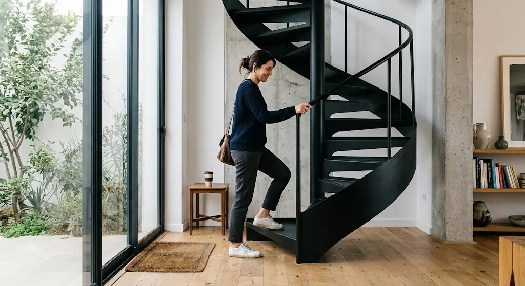 Une cliente monte sur la première marche d'un escalier colimaçon en acier pour évaluer l'espace.