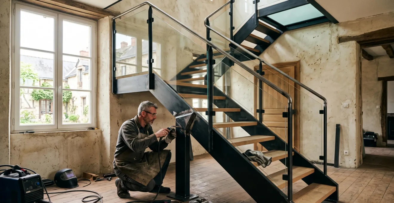 Un métallier inspecte la soudure d'un escalier en acier sur mesure dans une maison rénovée.