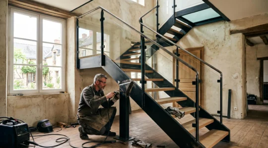 Un métallier inspecte la soudure d'un escalier en acier sur mesure dans une maison rénovée.