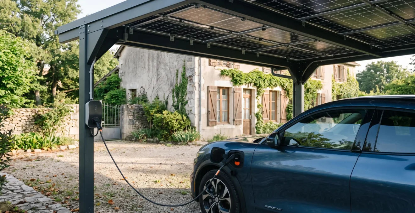 Une voiture électrique en recharge sous un carport équipé de panneaux solaires.
